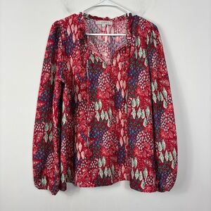 Loft Blouse Women’s L Balloon Sleeve V Neck Bright Colorful Pattern Ruffle Trim